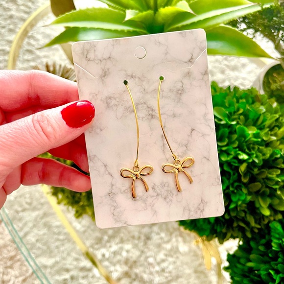 Gold Bow Dangle Earrings - Picture 2 of 4